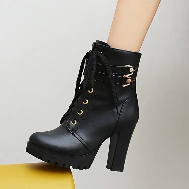 Women's Booties Buckles Lace-Up Block Chunky Heel Platform Short Boots