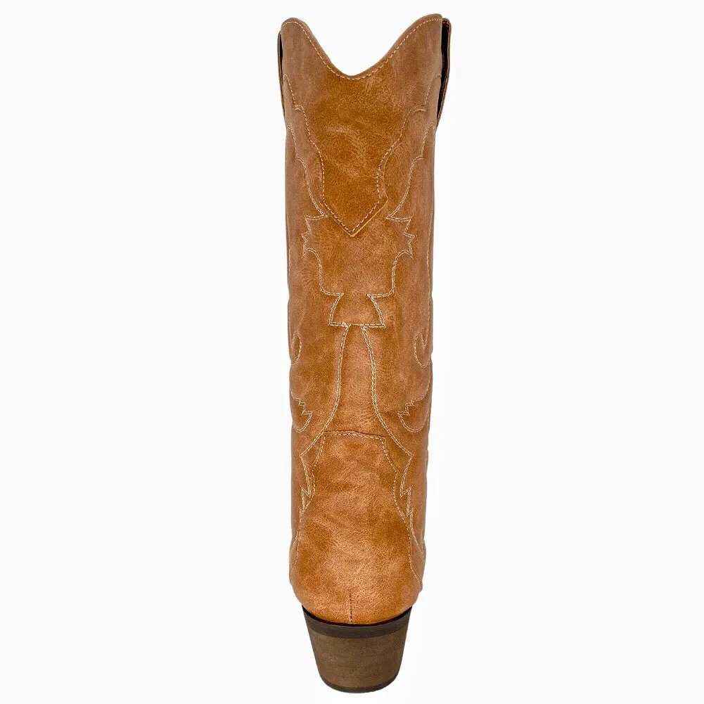 Womens Cowgirl Cowboy Boots Wide Calf Snip Toe Tan