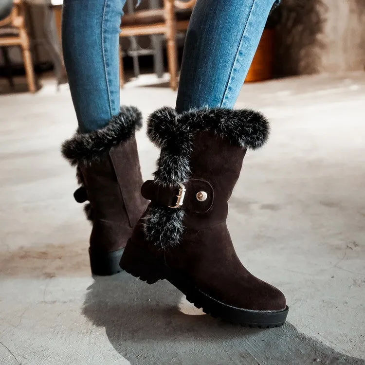 Women's Fur Buckle Belt Block Heel Snow Boots