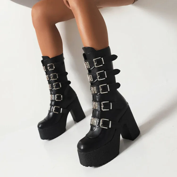 Women's Glossy Metal Buckle Straps Block Chunky Heel Platform Mid-calf Boots