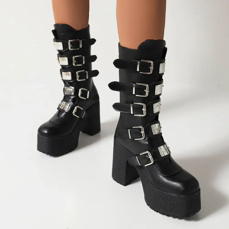 Women's Glossy Metal Buckle Straps Block Chunky Heel Platform Mid-calf Boots