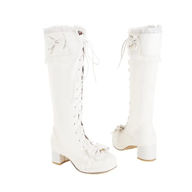 Women's Lace Bows Block Heel Platform Knee-High Boots