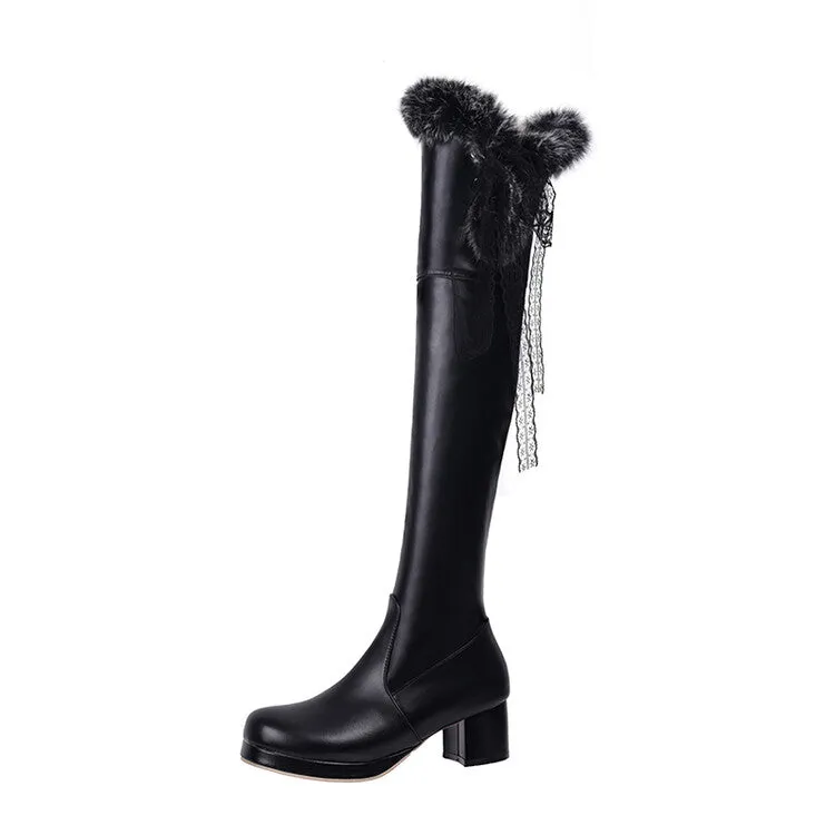 Women's Lace Fur Block Heel Platform Over-The-Knee Boots