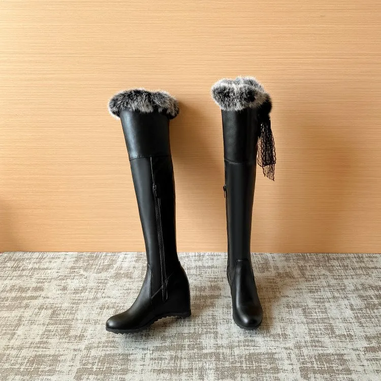 Women's Lace Fur Inside Heighten Wedge Heel Over-The-Knee Boots