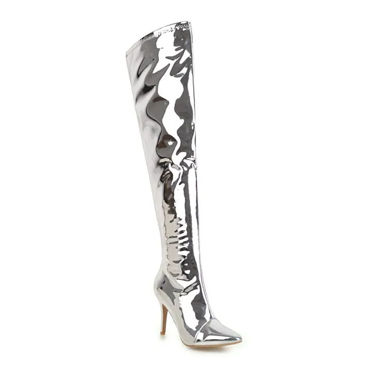 Women's Patent Leather Pointed Toe Stiletto Heel Over the Knee Boots