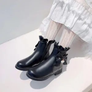 Women's Pu Leather Round Toe Ruffles Pearls Bow Tie Short Boots