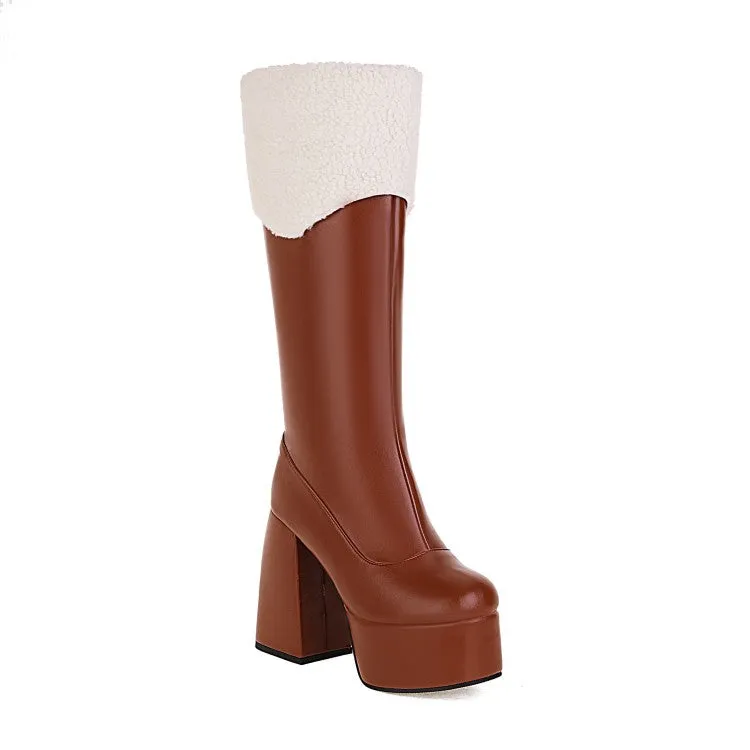 Women's Round Toe Side Zippers Fold Block Heel Platform Knee High Boots