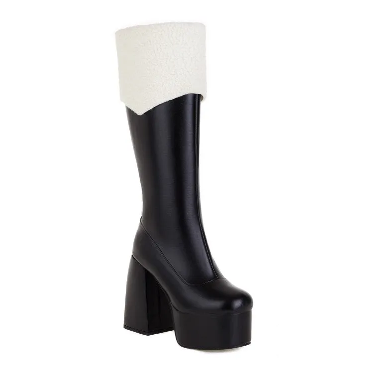 Women's Round Toe Side Zippers Fold Block Heel Platform Knee High Boots