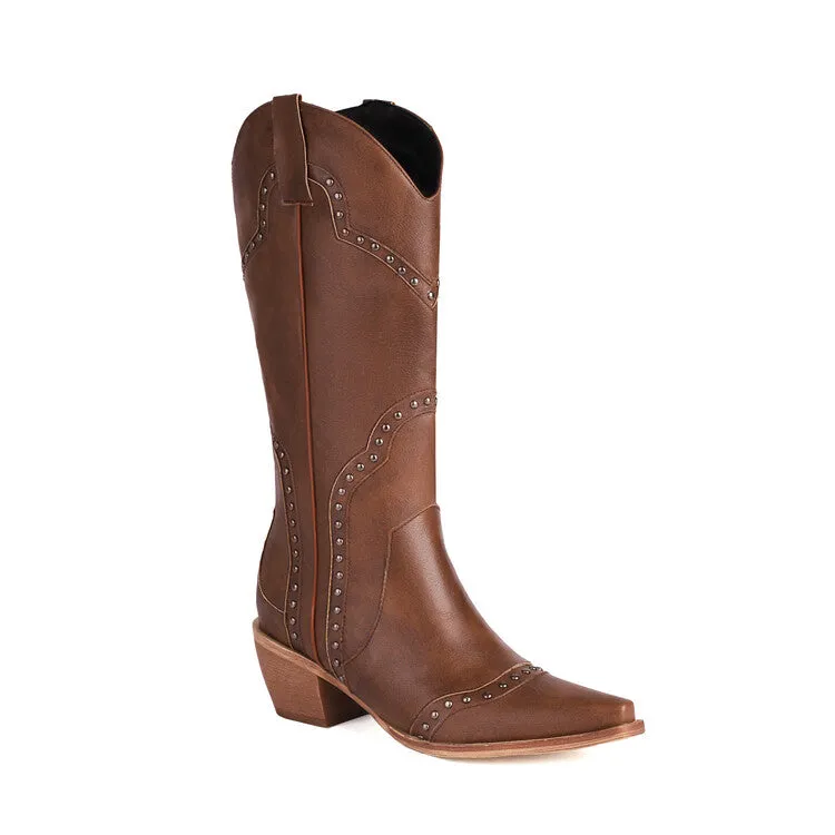 Women's Western Pointed Toe Rivets Beveled Heel Mid-calf Boots