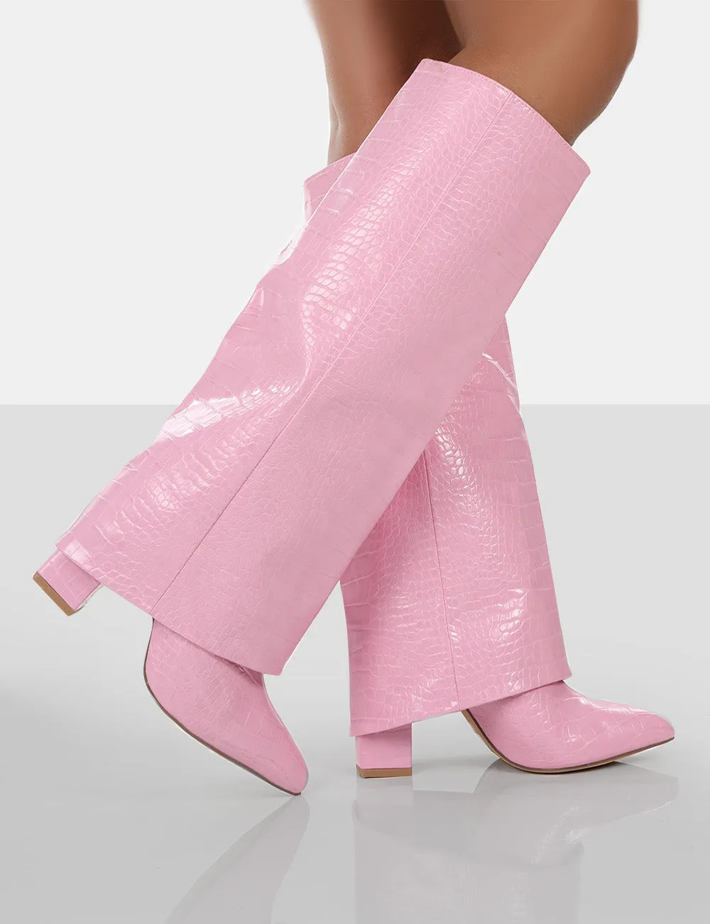 Zendaya Pink Croc Pointed Toe Knee High Block Boots