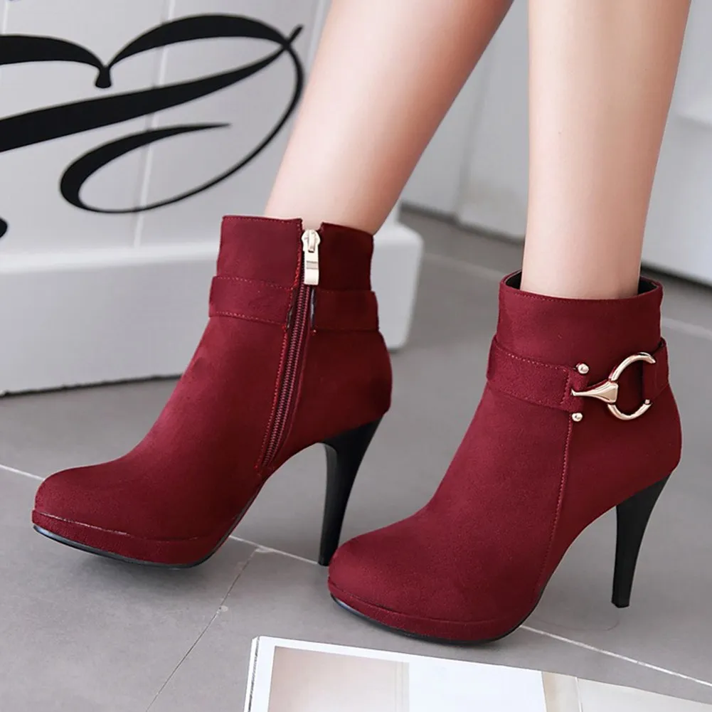 Zip Up Winter Boots Solid High Heels Ankle Boots