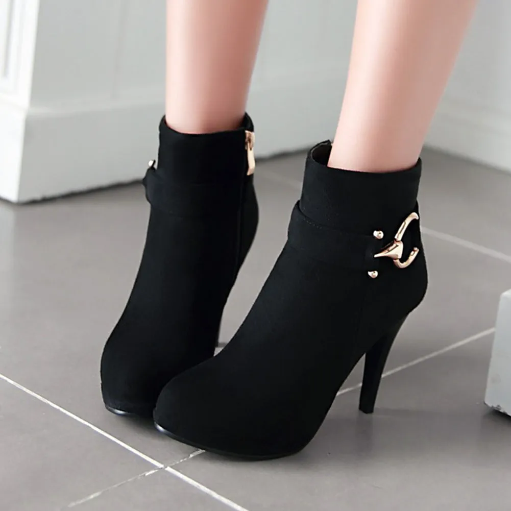 Zip Up Winter Boots Solid High Heels Ankle Boots