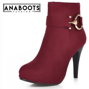 Zip Up Winter Boots Solid High Heels Ankle Boots