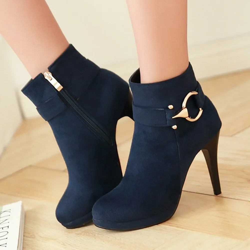 Zip Up Winter Boots Solid High Heels Ankle Boots